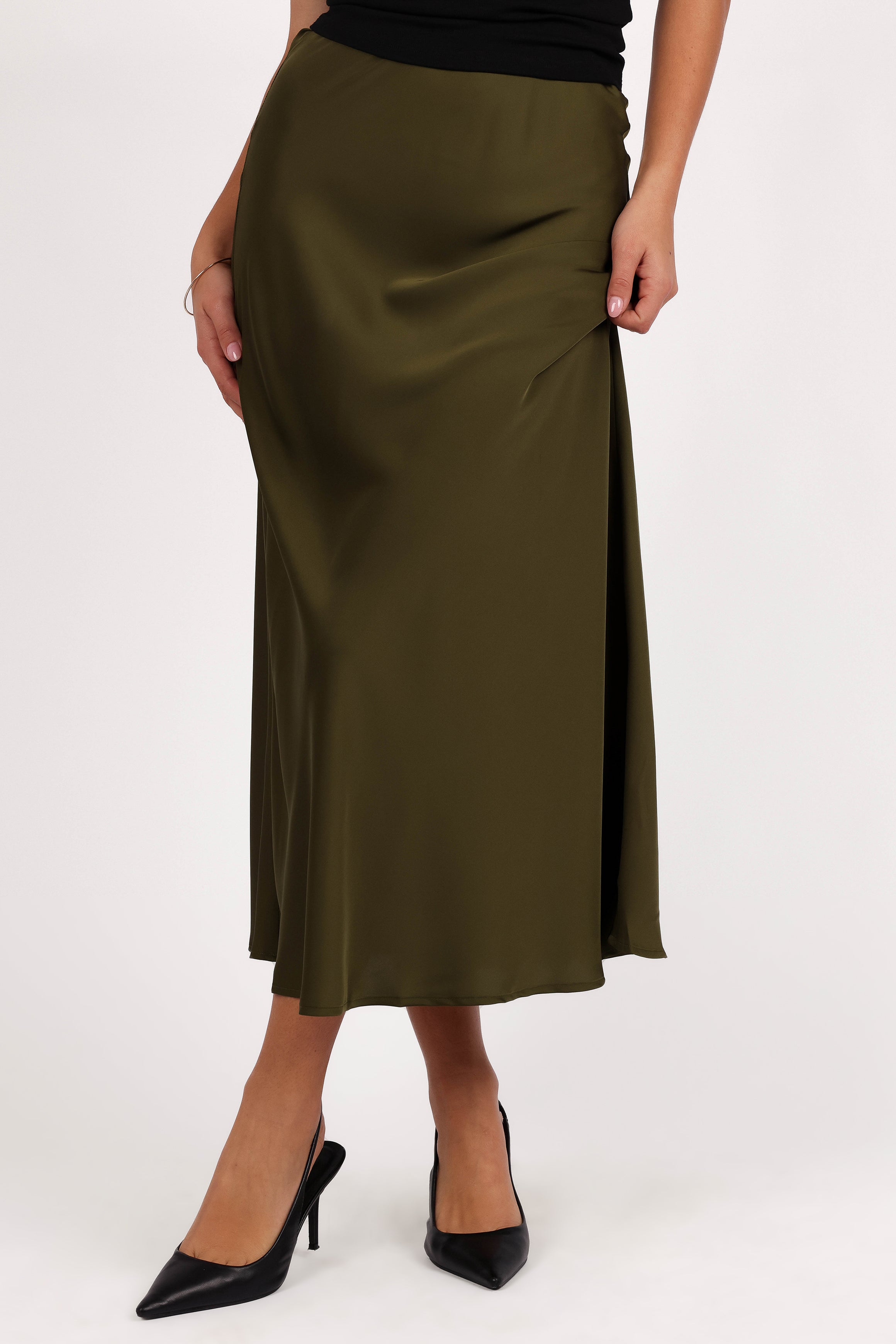 Nellie Satin Midi Skirt - Olive-Ladys Street