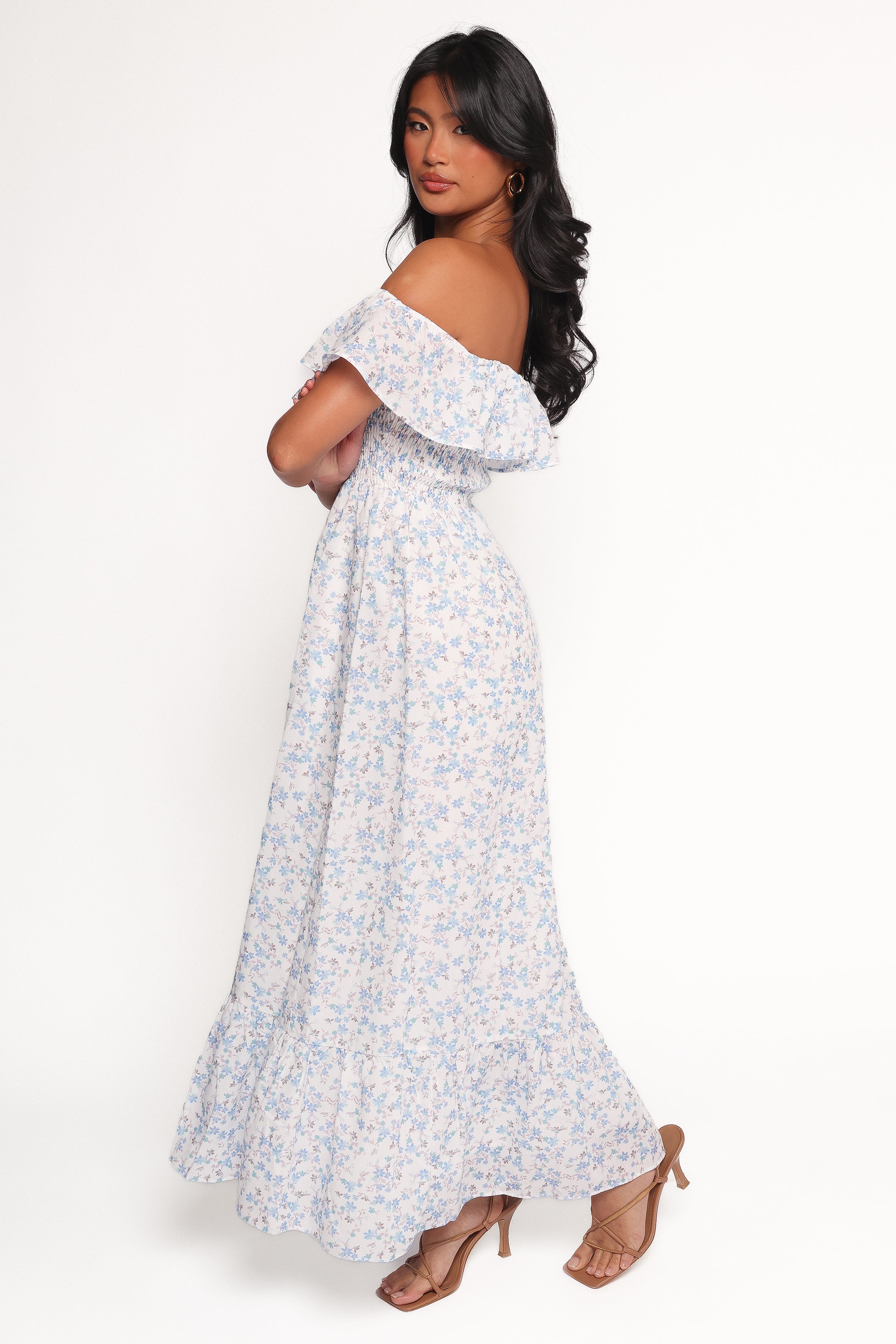 Priscilla Strapless Midi Dress - Blue Floral-Ladys Street