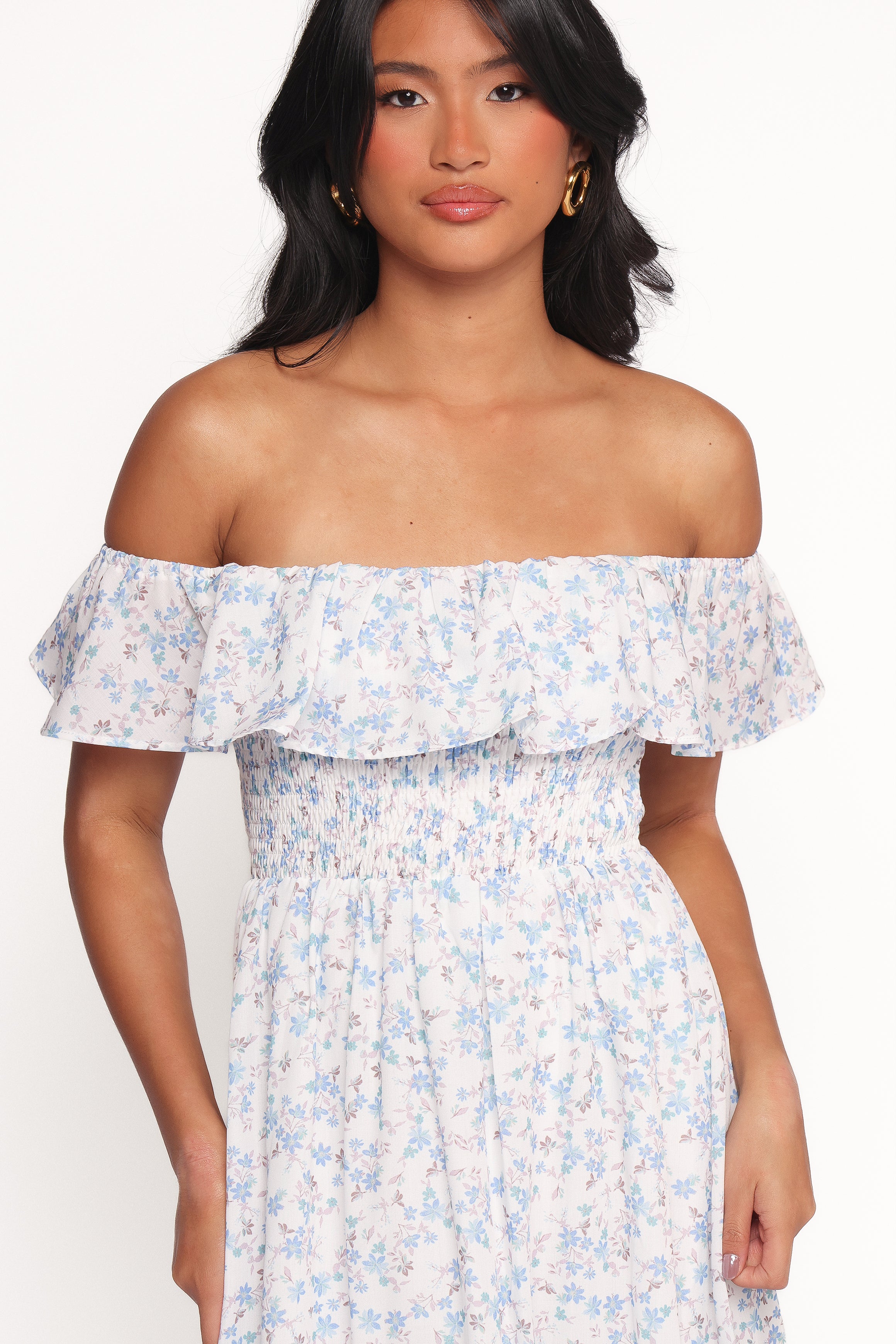 Priscilla Strapless Midi Dress - Blue Floral-Ladys Street