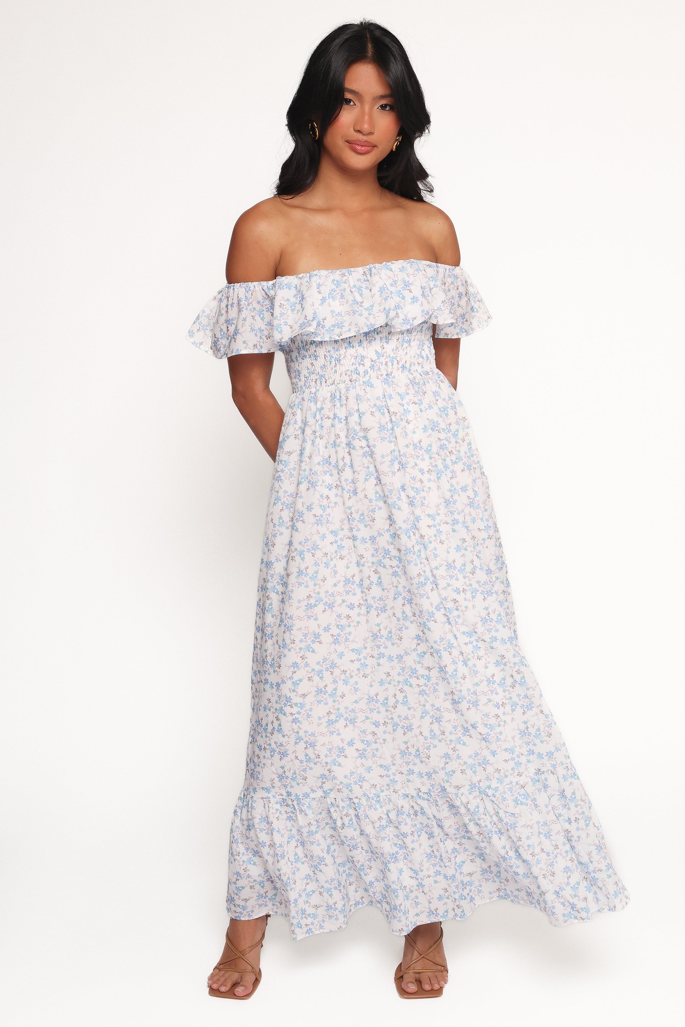Priscilla Strapless Midi Dress - Blue Floral-Ladys Street