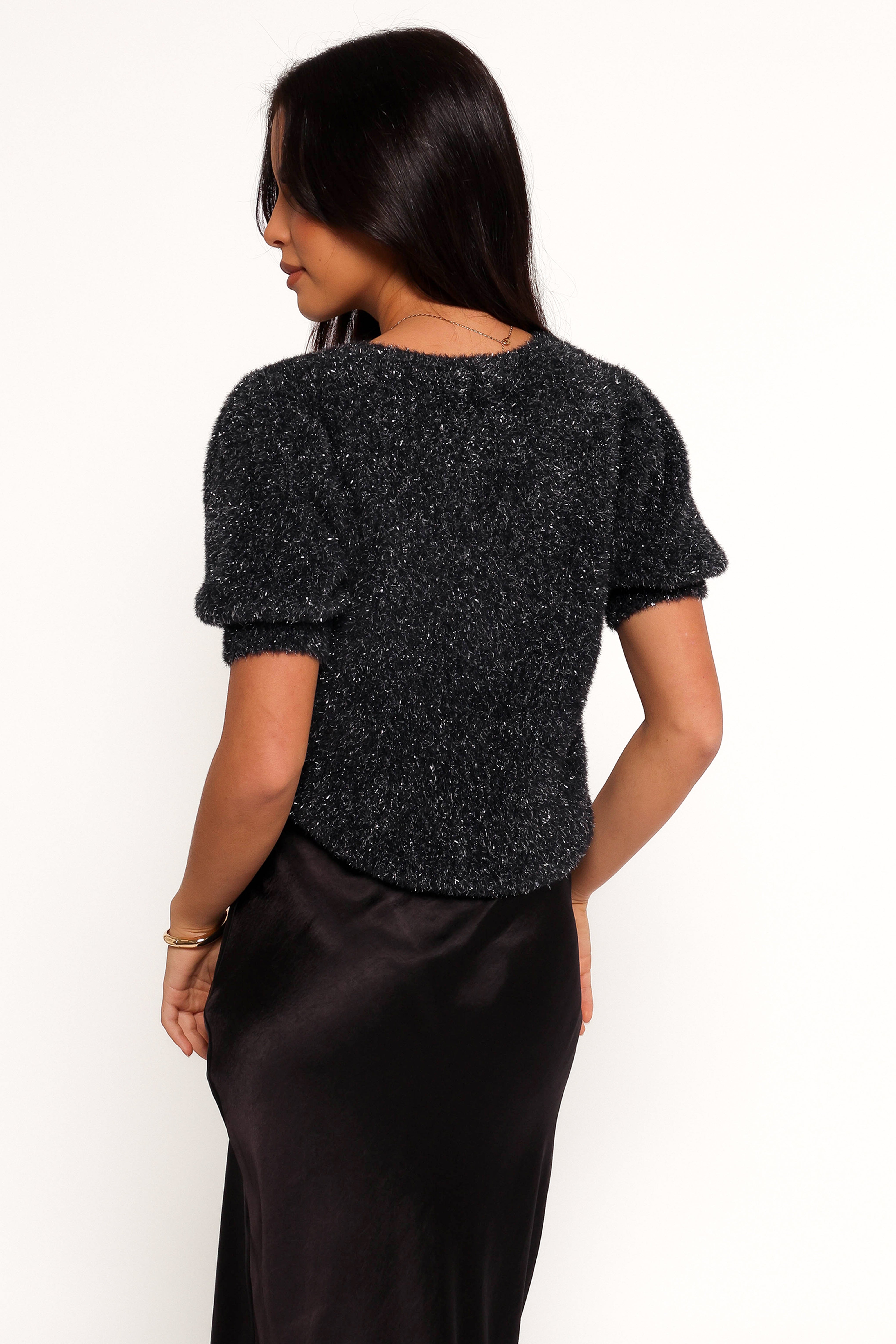 Reba Short Sleeve Lurex Crew Knit Sweater - Navy-Ladys Street