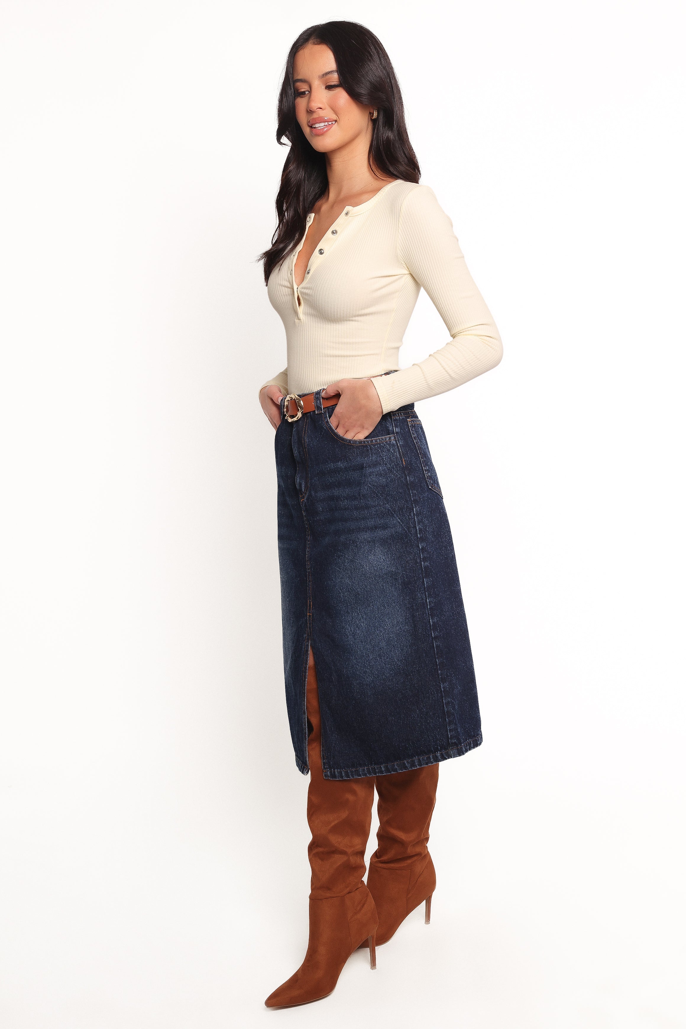Starcie Denim Midi Skirt - Medium Denim-Ladys Street