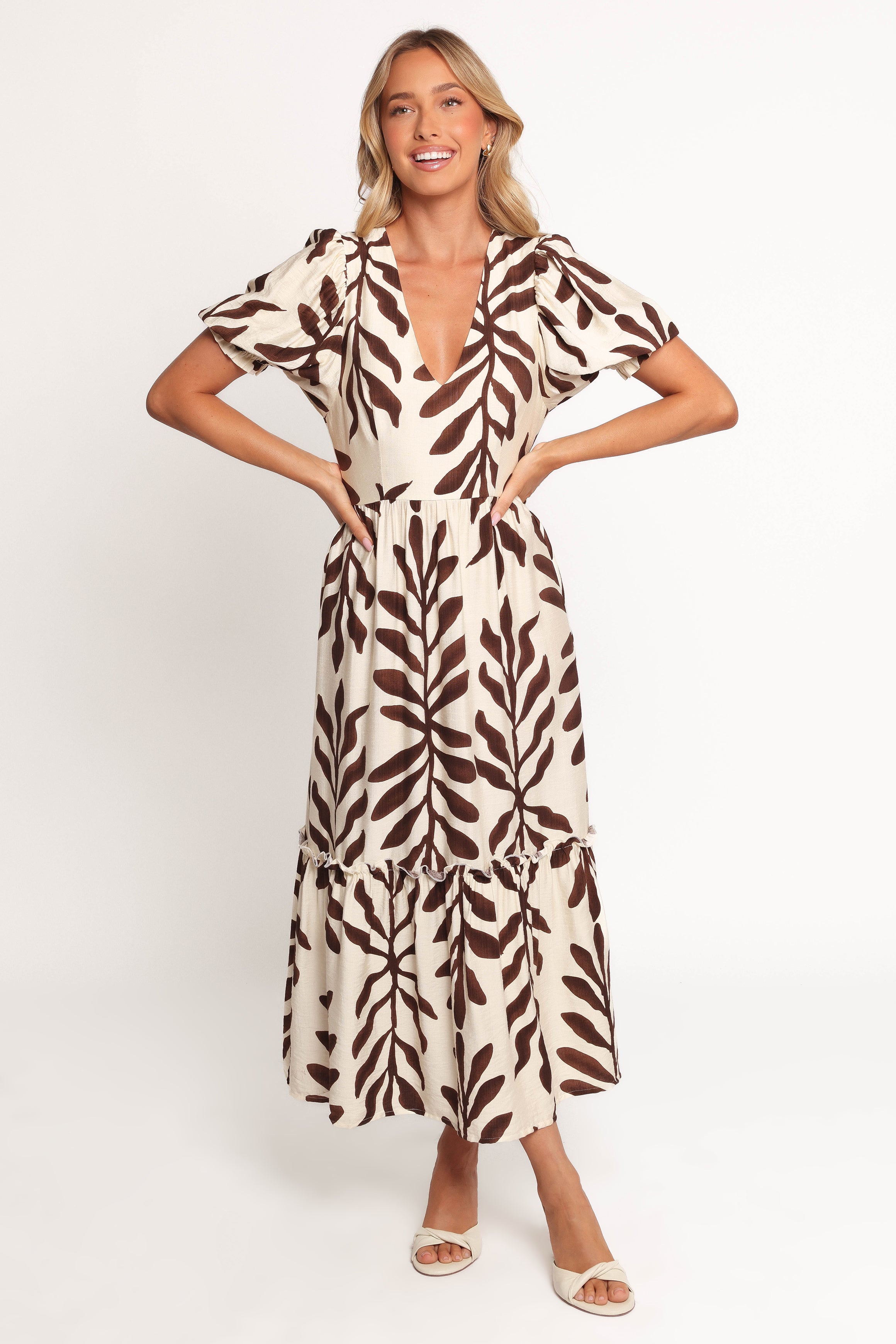 Steele Puff Sleeve Midi Dress - Brown Palm-Ladys Street