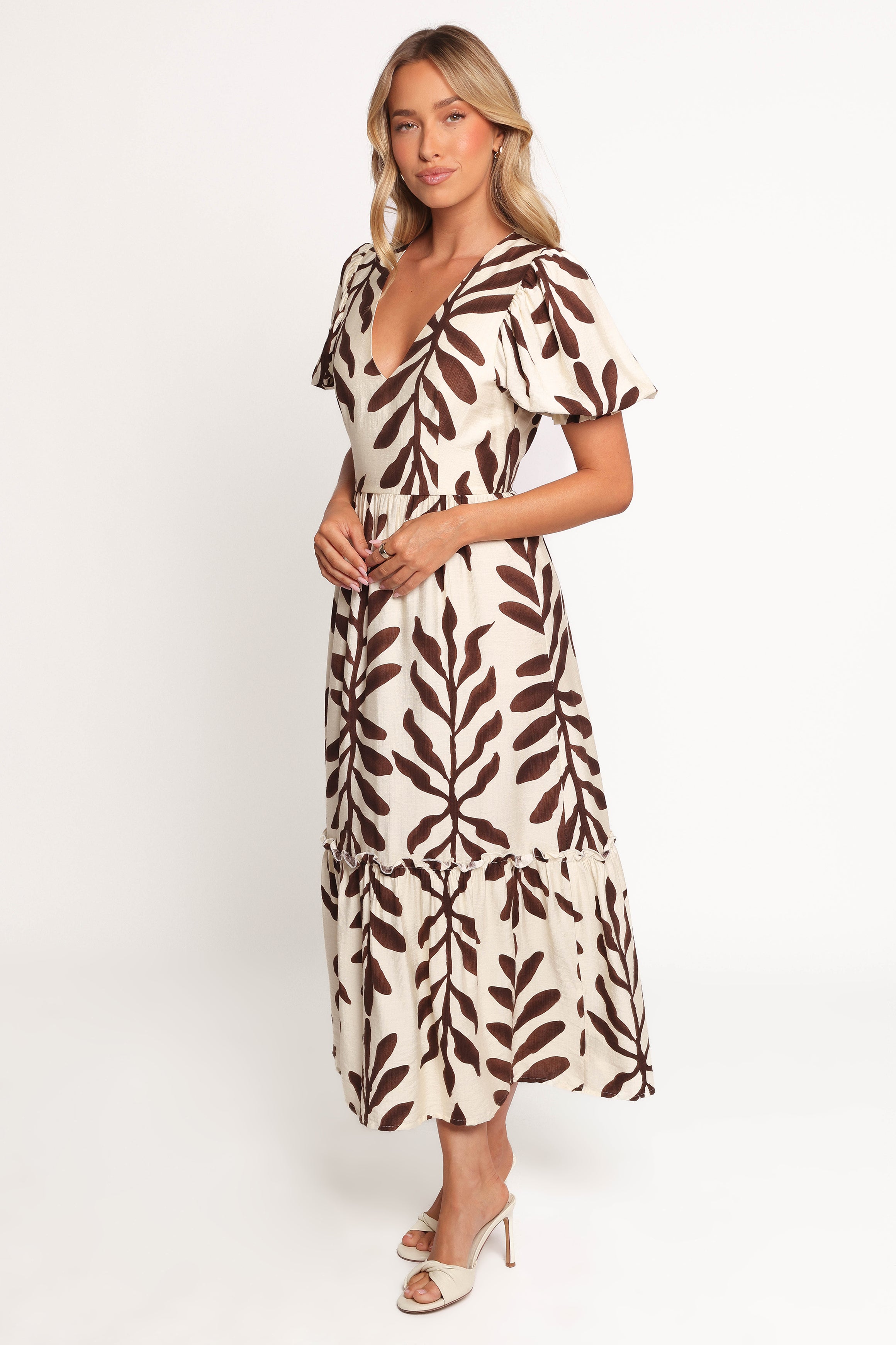 Steele Puff Sleeve Midi Dress - Brown Palm-Ladys Street
