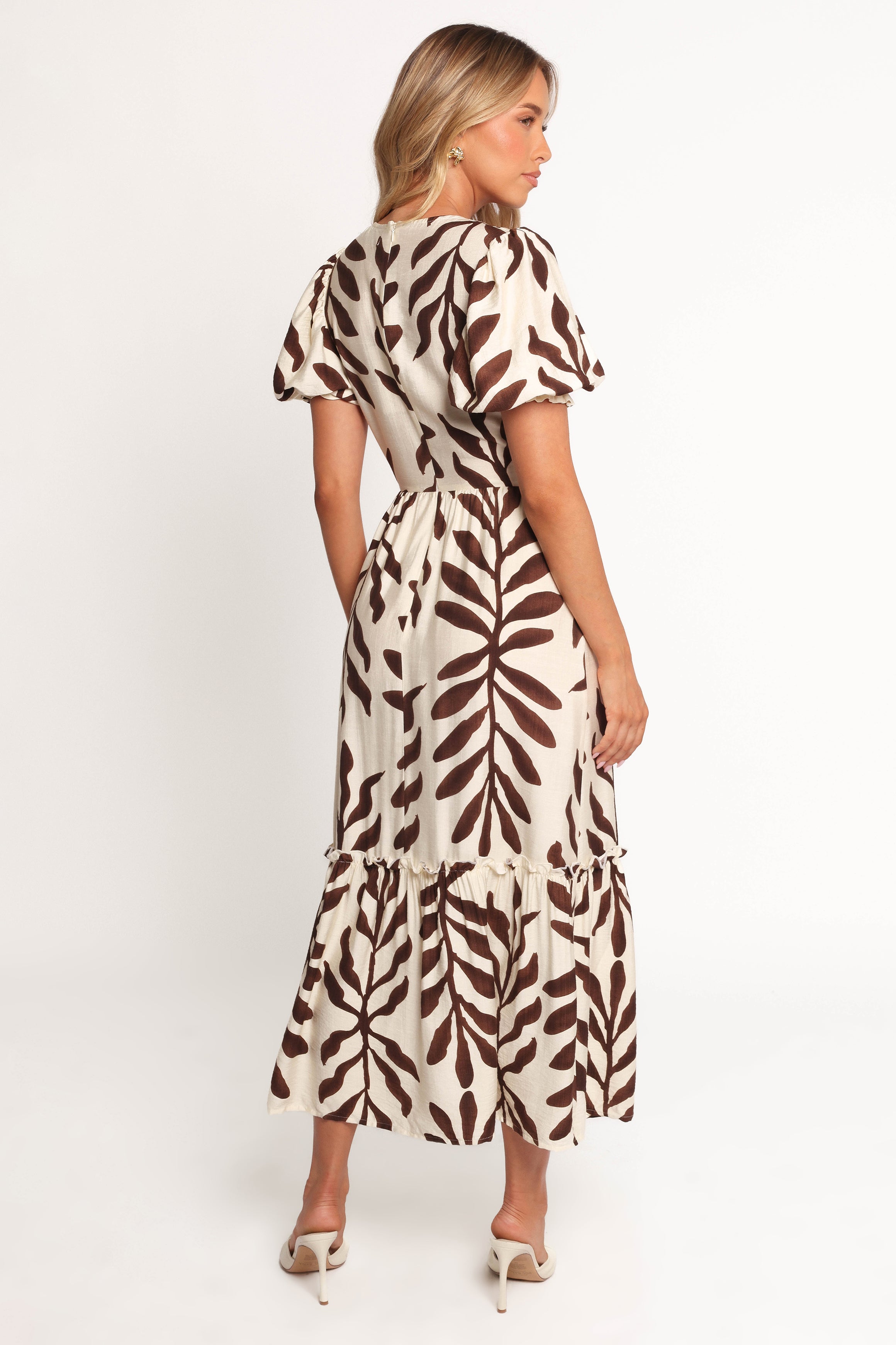 Steele Puff Sleeve Midi Dress - Brown Palm-Ladys Street