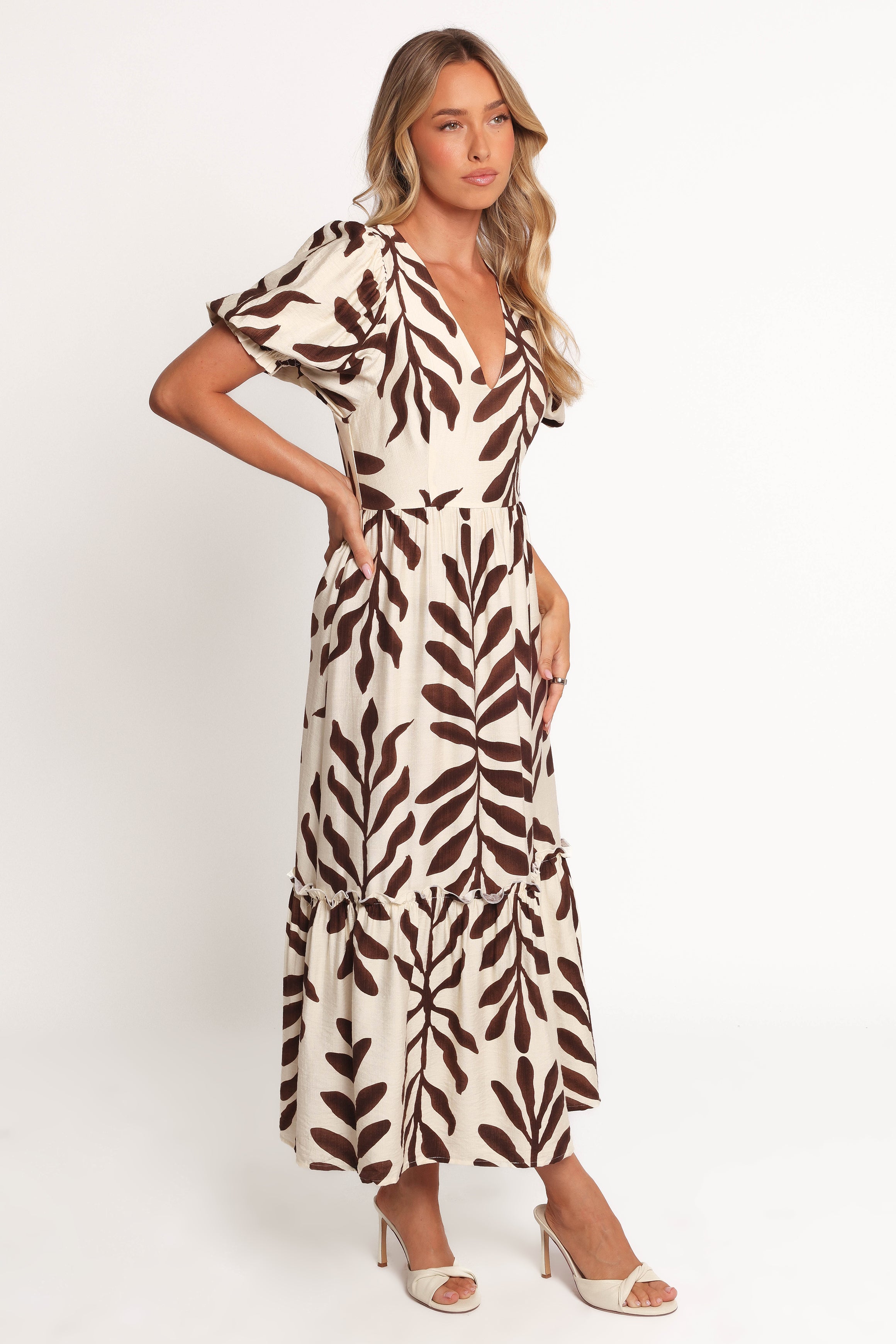 Steele Puff Sleeve Midi Dress - Brown Palm-Ladys Street