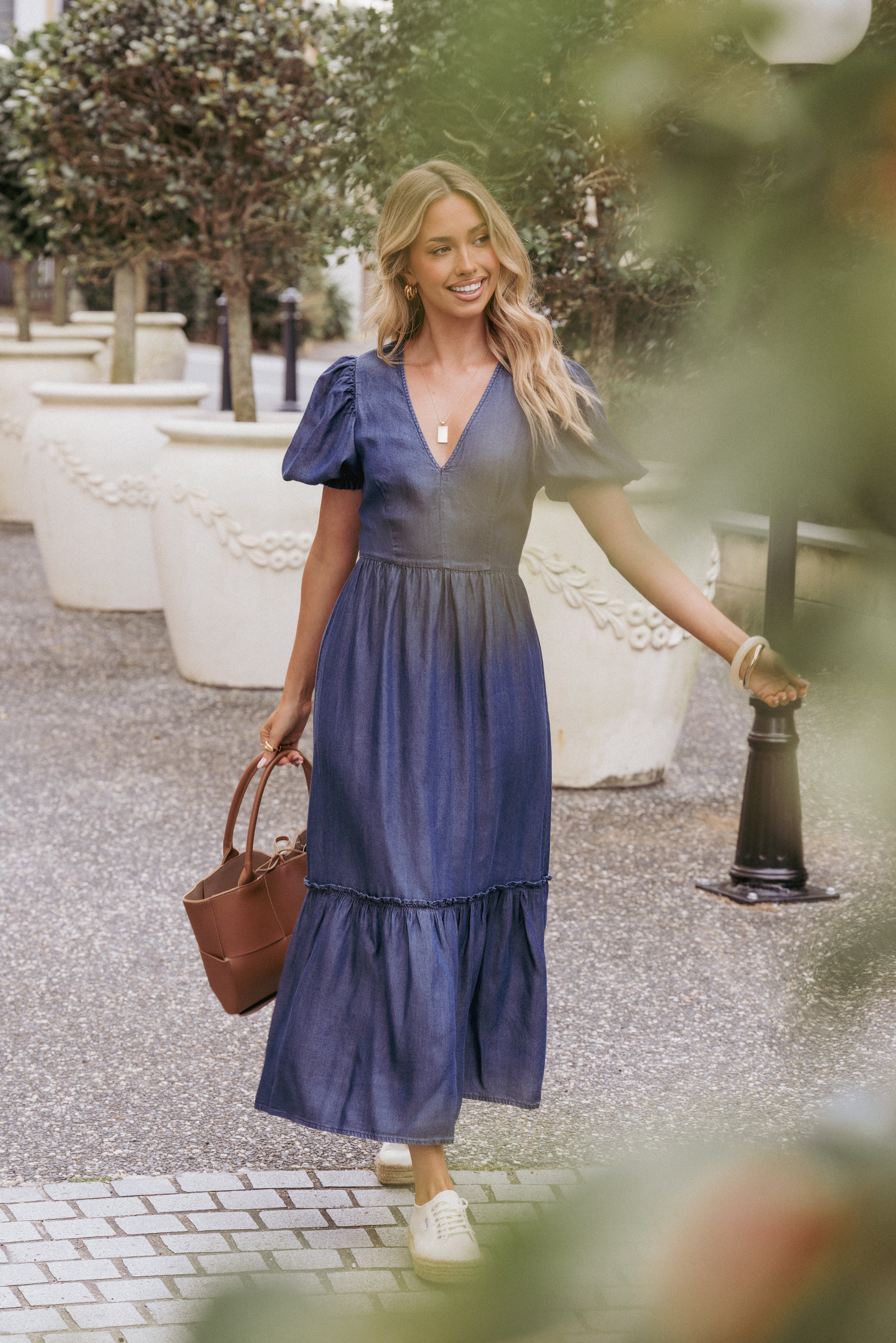 Steele Puff Sleeve Midi Dress - Dark Denim-Ladys Street