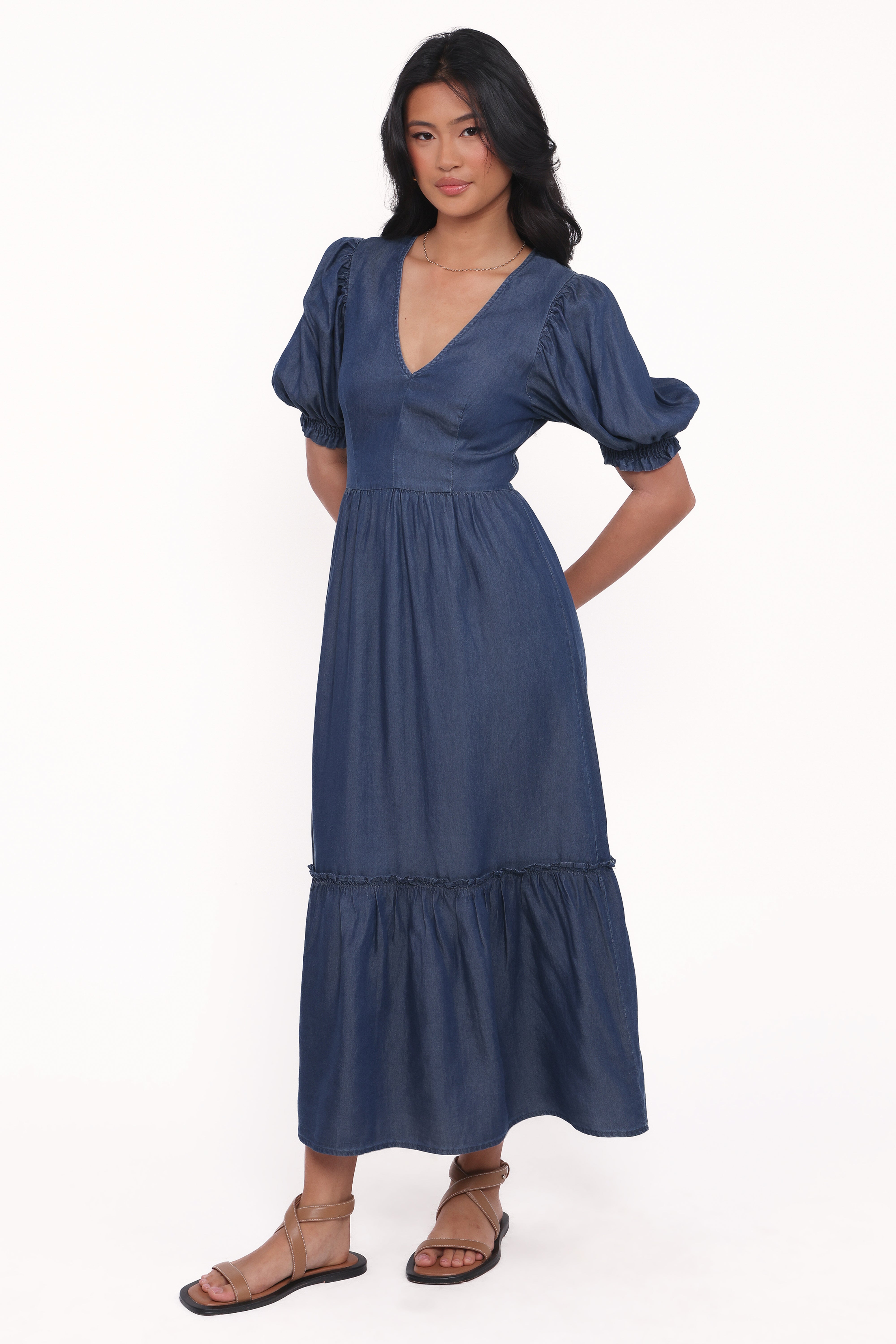 Steele Puff Sleeve Midi Dress - Dark Denim-Ladys Street