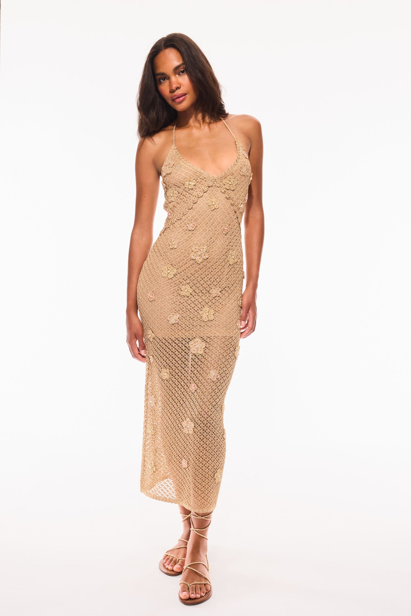 Vreya Metallic Crochet Halter Dress-Charming Rule