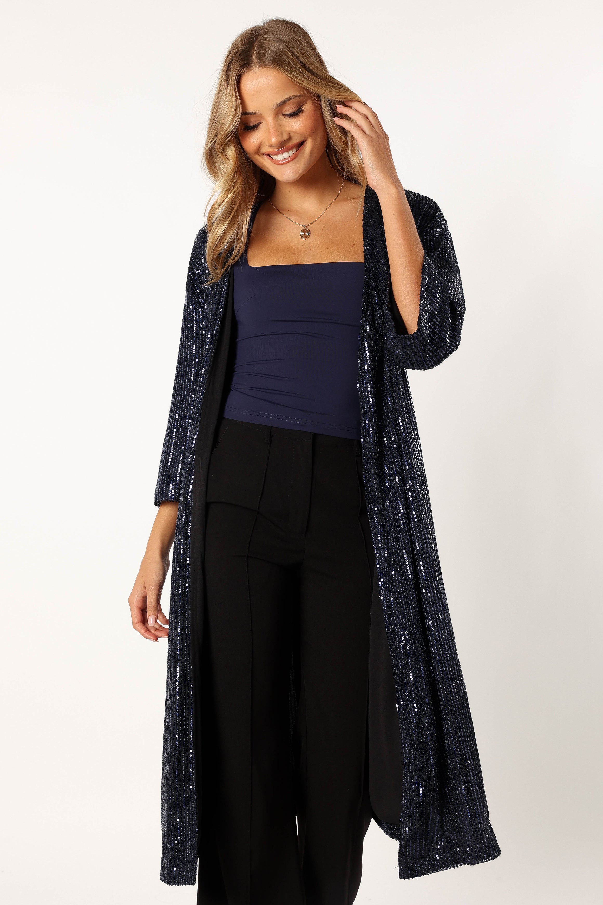 Karsyn Open Front Sequin Duster - Navy-Ladys Street