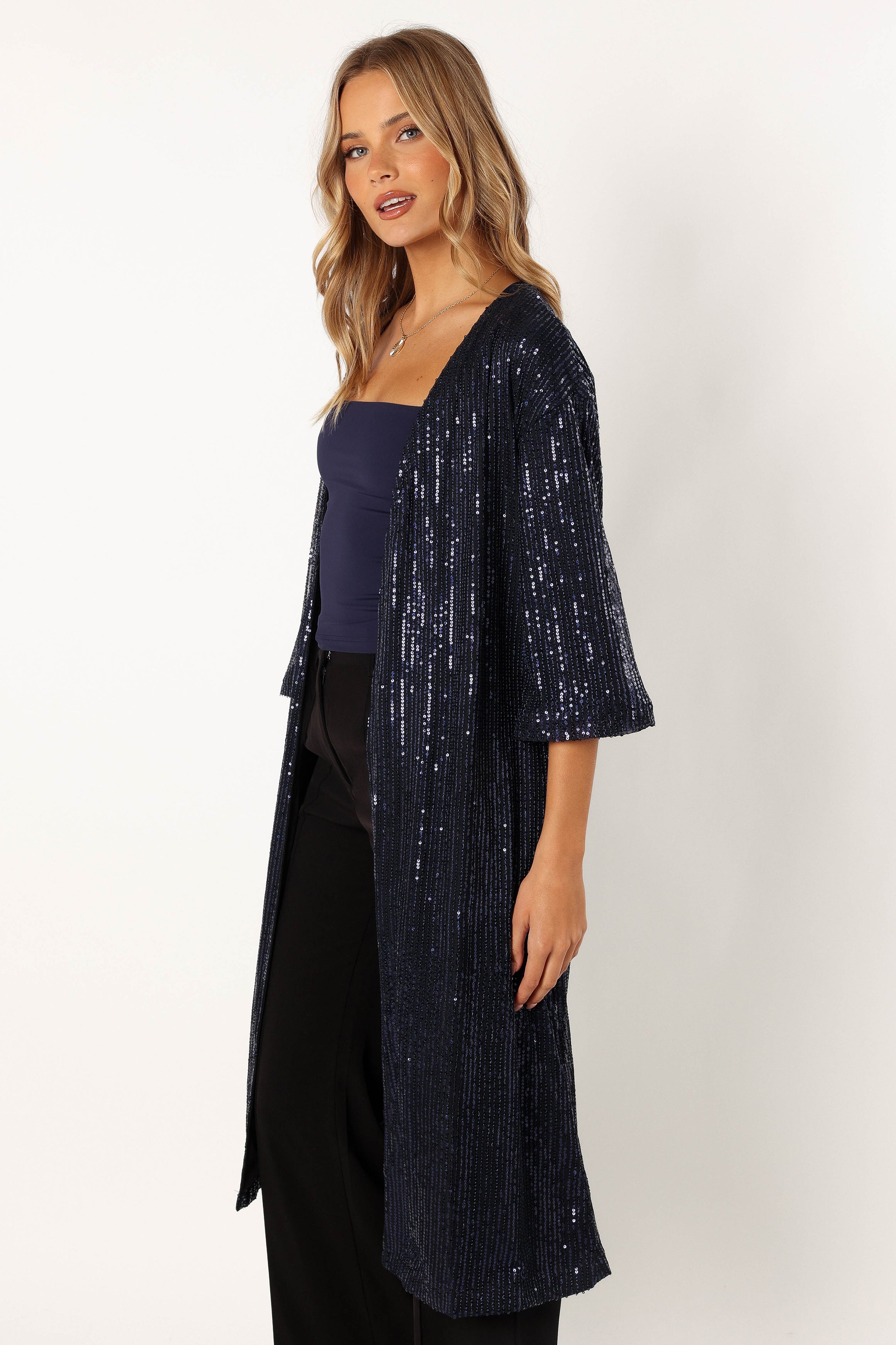 Karsyn Open Front Sequin Duster - Navy-Ladys Street