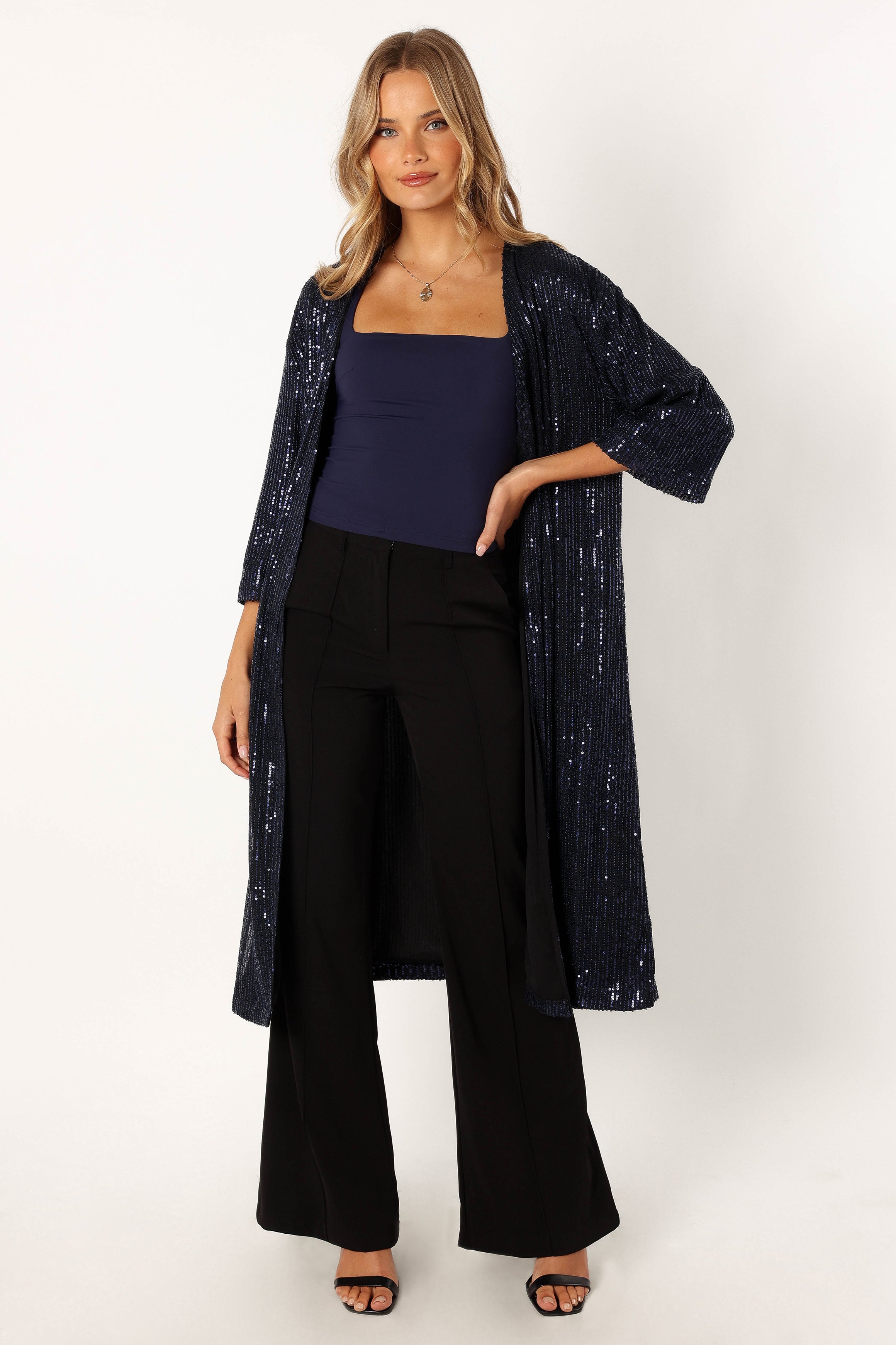 Karsyn Open Front Sequin Duster - Navy-Ladys Street