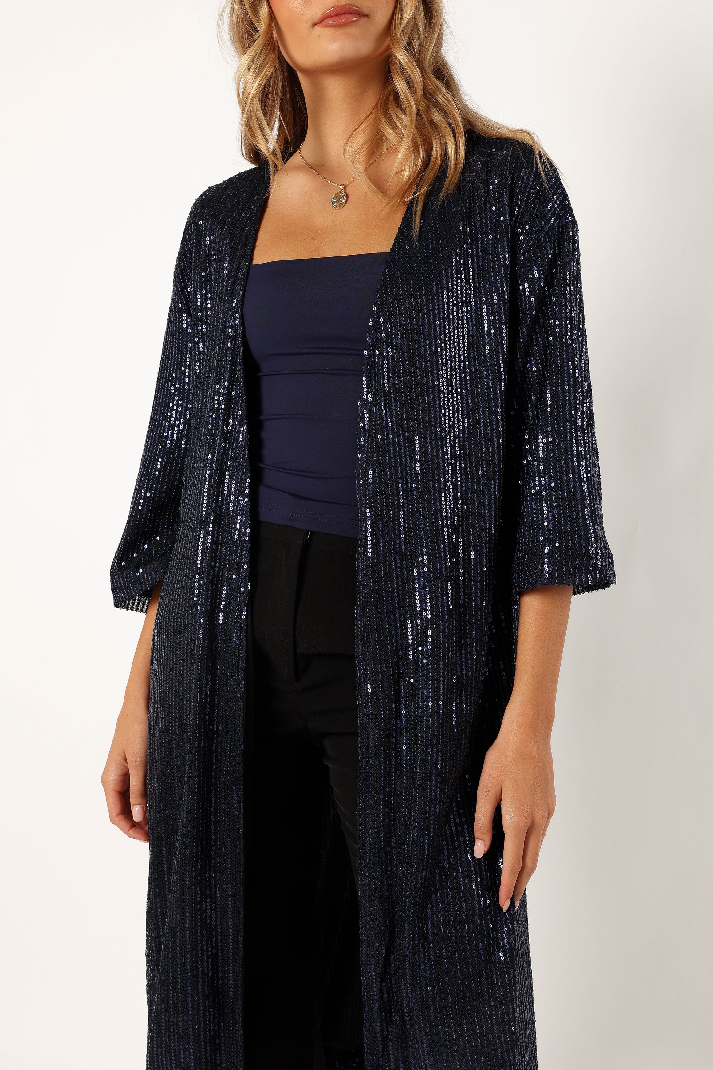 Karsyn Open Front Sequin Duster - Navy-Ladys Street