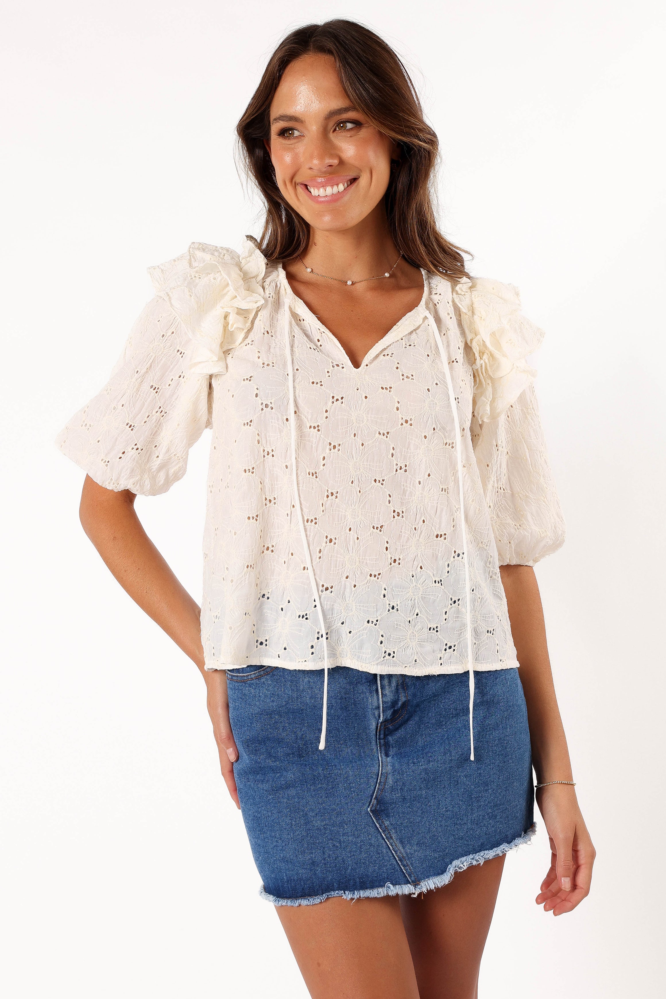 Iris Ruffled Top - Cream-Ladys Street
