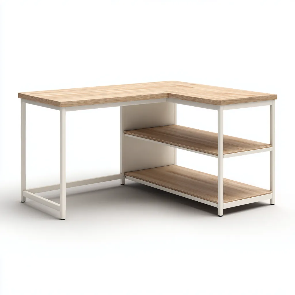 Bureau - Metaal-Hout - 140x120x76 cm - Wit-Lichtbruin - L-vorm werktafel met open legplanken-Chicuse