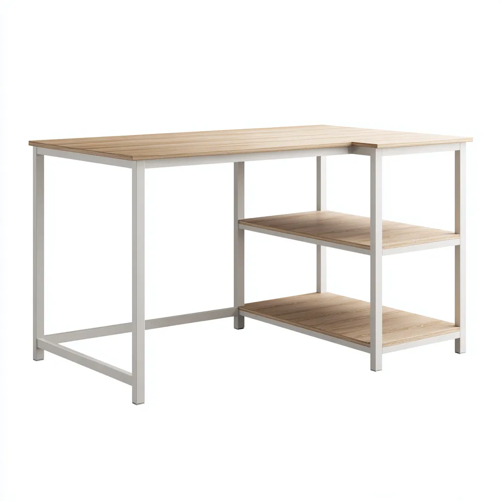 Bureau - Metaal-Hout - 138x118x76 cm - Wit-Lichtbruin - L-vorm ontwerp met open opbergruimte-Chicuse