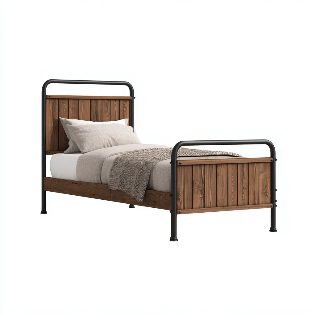 Eenpersoonsbed - Metaal-Hout - 200x100x95 cm - Houtkleur - Industrieel ontwerp-Chicuse