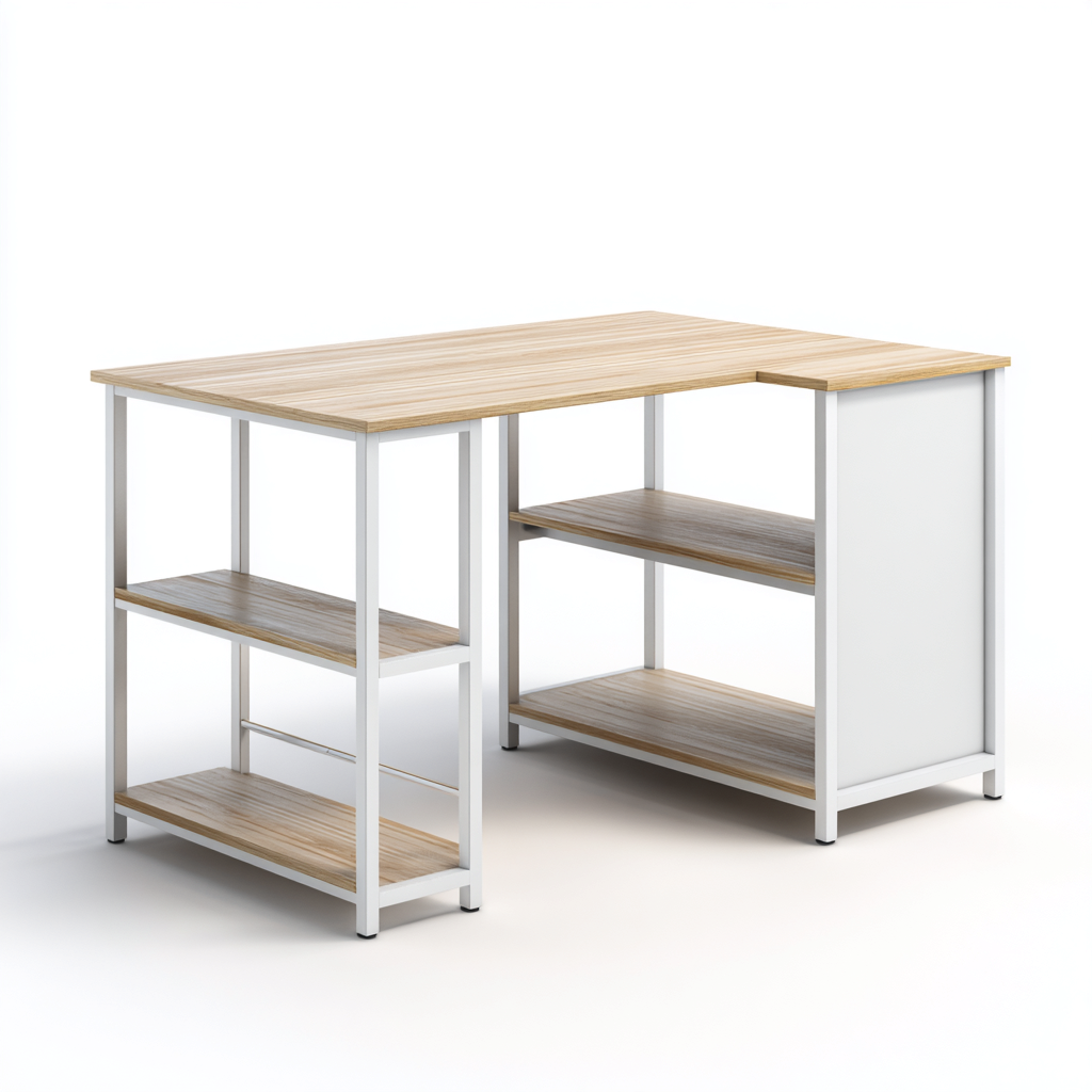 Bureau - Metaal-Hout - 140x120x76 cm - Wit-Lichtbruin - Industriële stijl met open opbergruimte-Chicuse