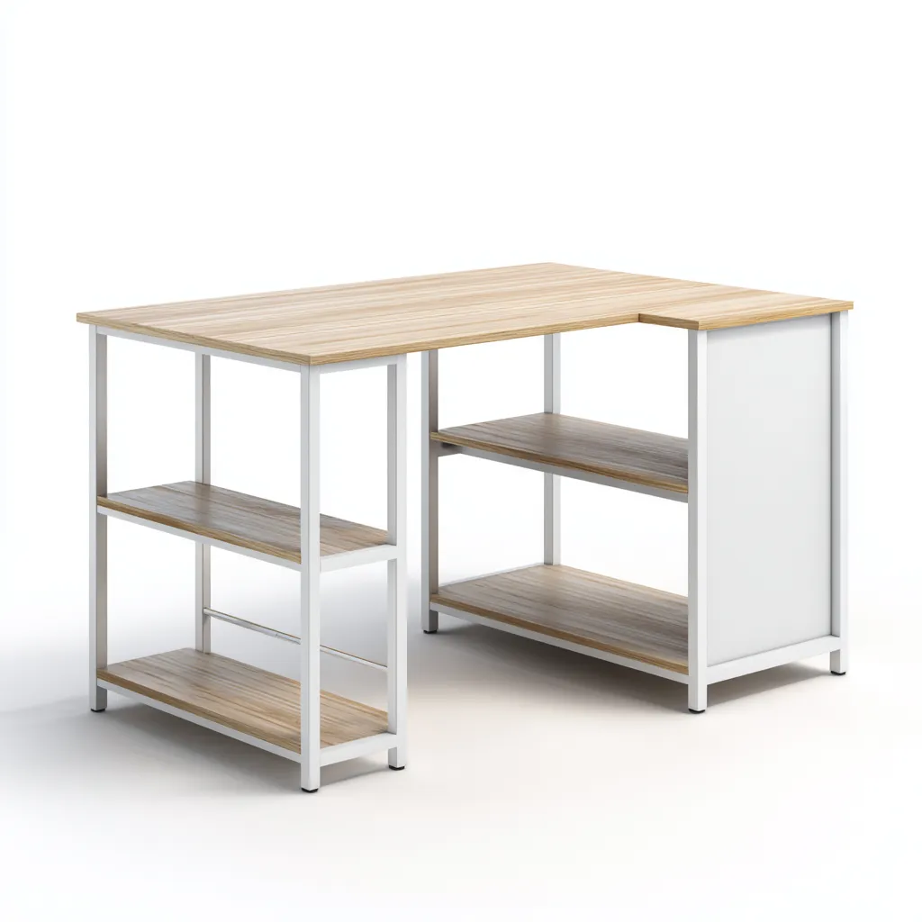 Bureau - Metaal-Hout - 140x120x76 cm - Wit-Lichtbruin - Industriële stijl met open opbergruimte-Chicuse