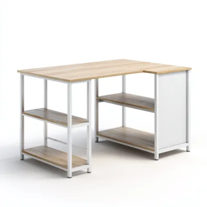 Bureau - Metaal-Hout - 140x120x76 cm - Wit-Lichtbruin - Industriële stijl met open opbergruimte-Chicuse