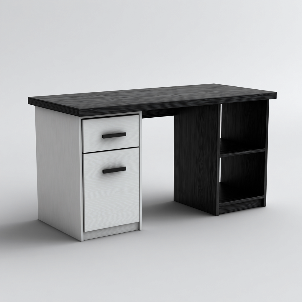 Bureau - Hout - Metaal - 140x60x75 cm - Zwart-wit - Modern bureau met lades en open opbergvakken-Chicuse