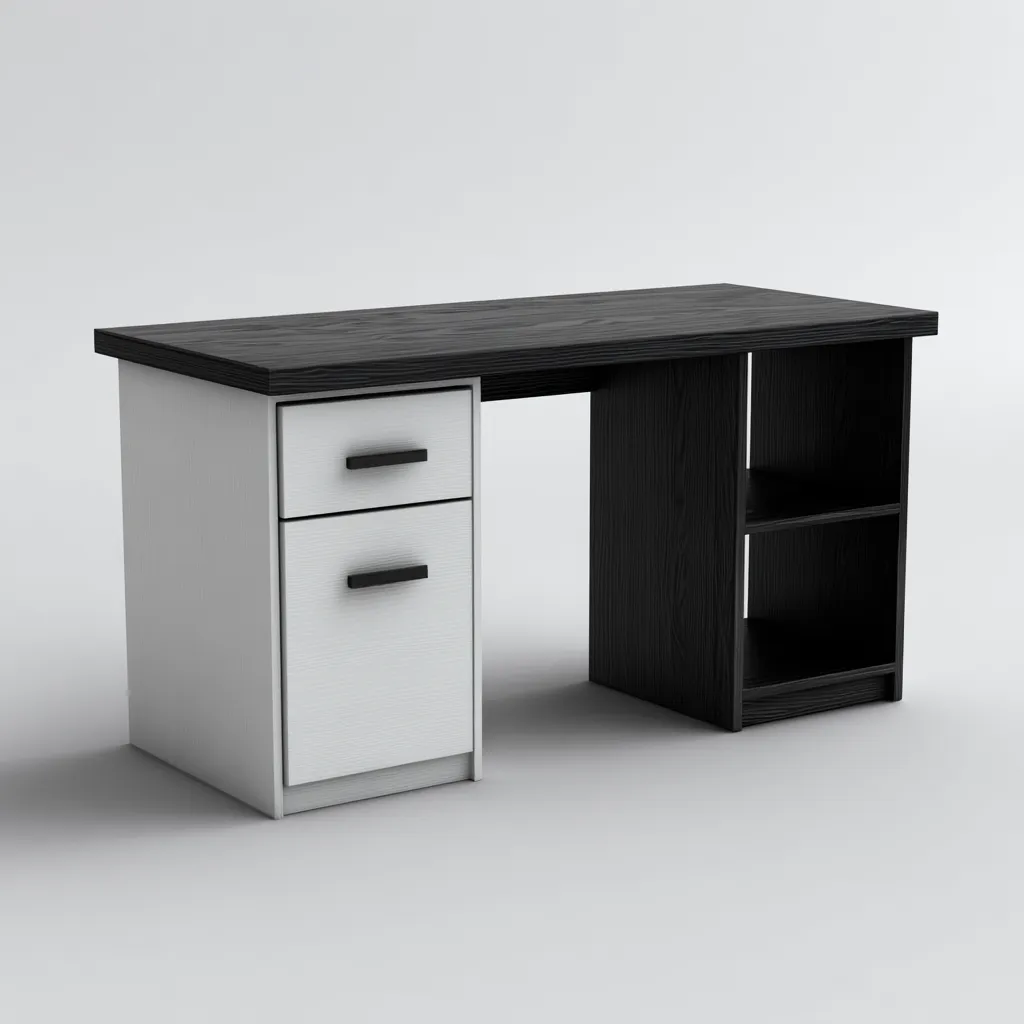 Bureau - Hout - Metaal - 140x60x75 cm - Zwart-wit - Modern bureau met lades en open opbergvakken-Chicuse