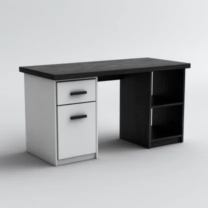 Bureau - Hout - Metaal - 140x60x75 cm - Zwart-wit - Modern bureau met lades en open opbergvakken-Chicuse