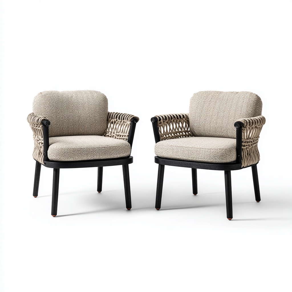 Tuinstoel - touw-weefsel-hout - 68x70x76 cm - beige-zwart - modern ontwerp-Chicuse