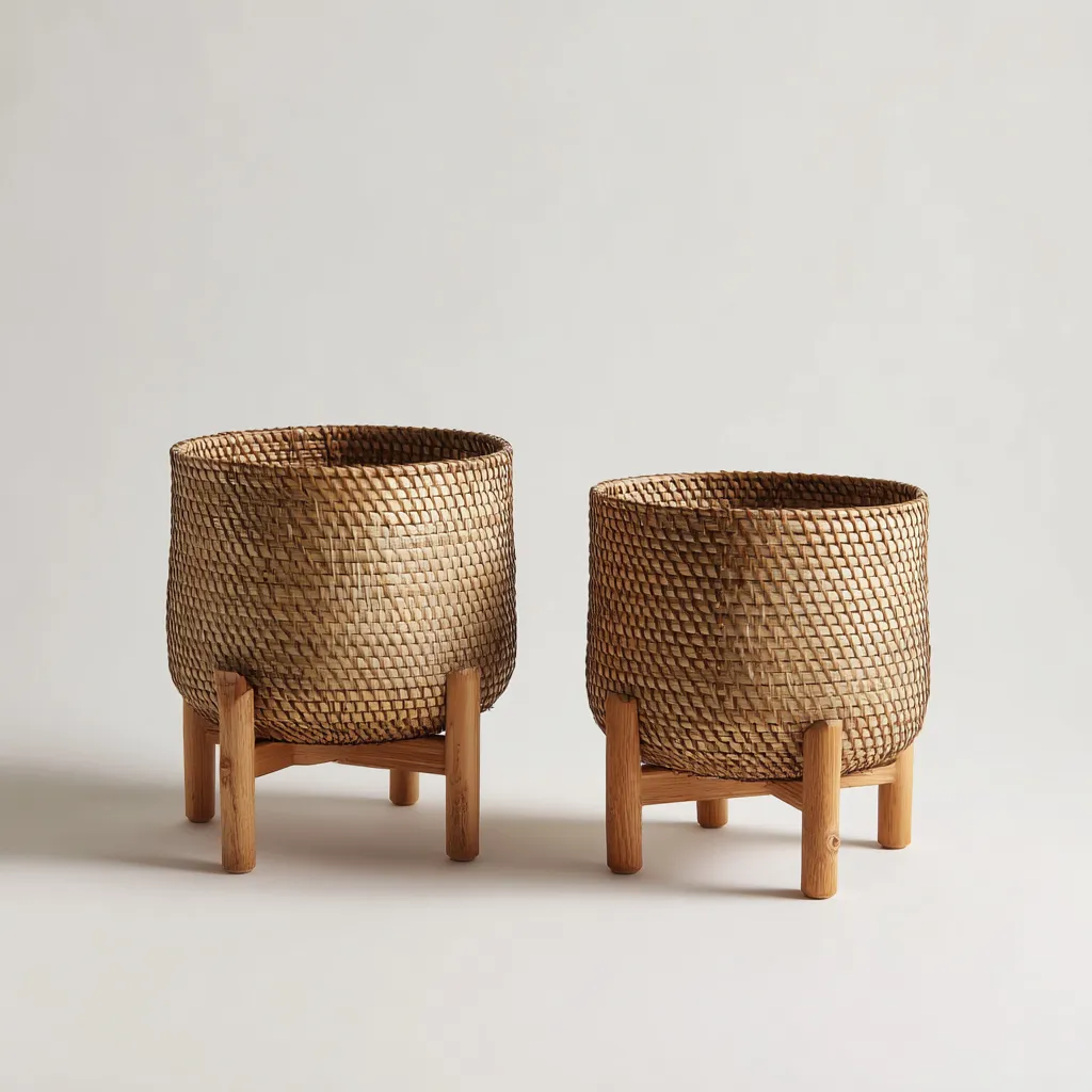 Plantenstandaard & Bloempot - Rotan - 45x45x52 cm - 35x35x42 cm - Natuurkleur - Scandinavisch design-Chicuse