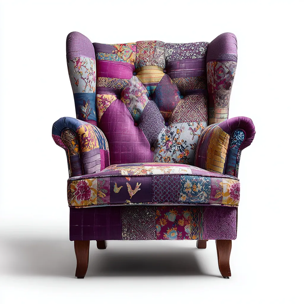 Fauteuil - Stof-hout - 88x90x104 cm - Paars - Patchwork vintage design-Chicuse