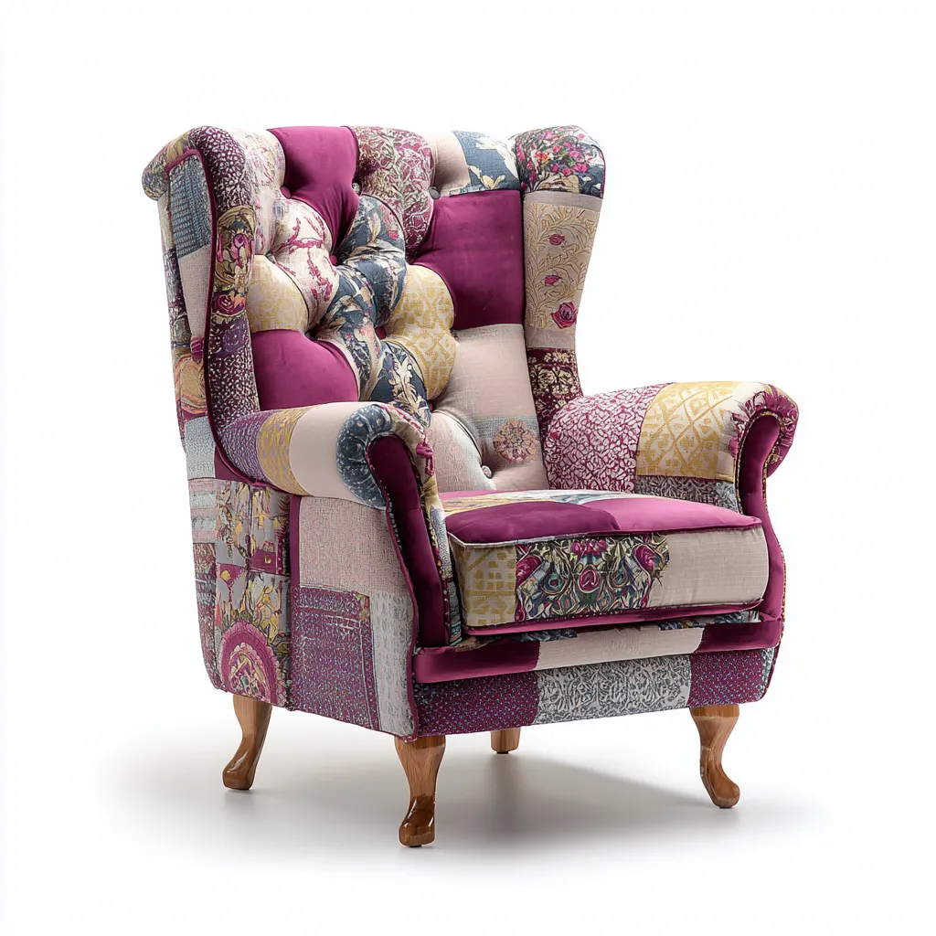 Fauteuil - Stof-hout - 87x92x103 cm - Paars - Patchwork vintage design-Chicuse