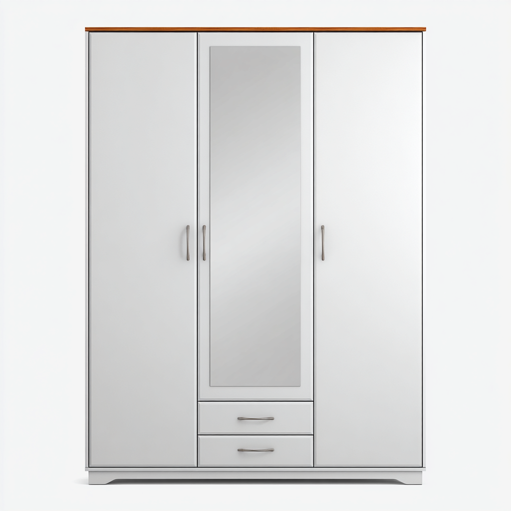 Kledingkast - spaanplaat-metaal-spiegelglas - 180x60x210 cm - wit - 3-deurs ontwerp met spiegel en laden-Chicuse