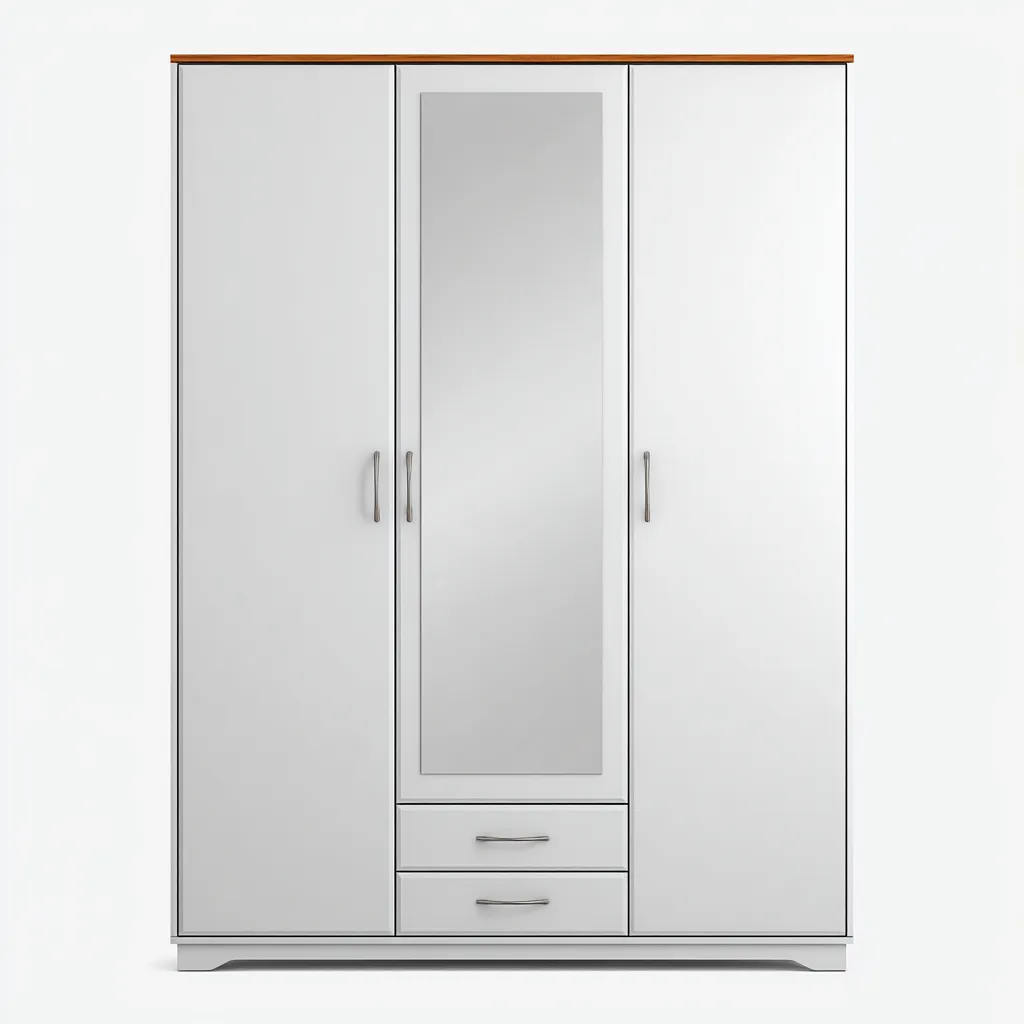 Kledingkast - spaanplaat-metaal-spiegelglas - 180x60x210 cm - wit - 3-deurs ontwerp met spiegel en laden-Chicuse