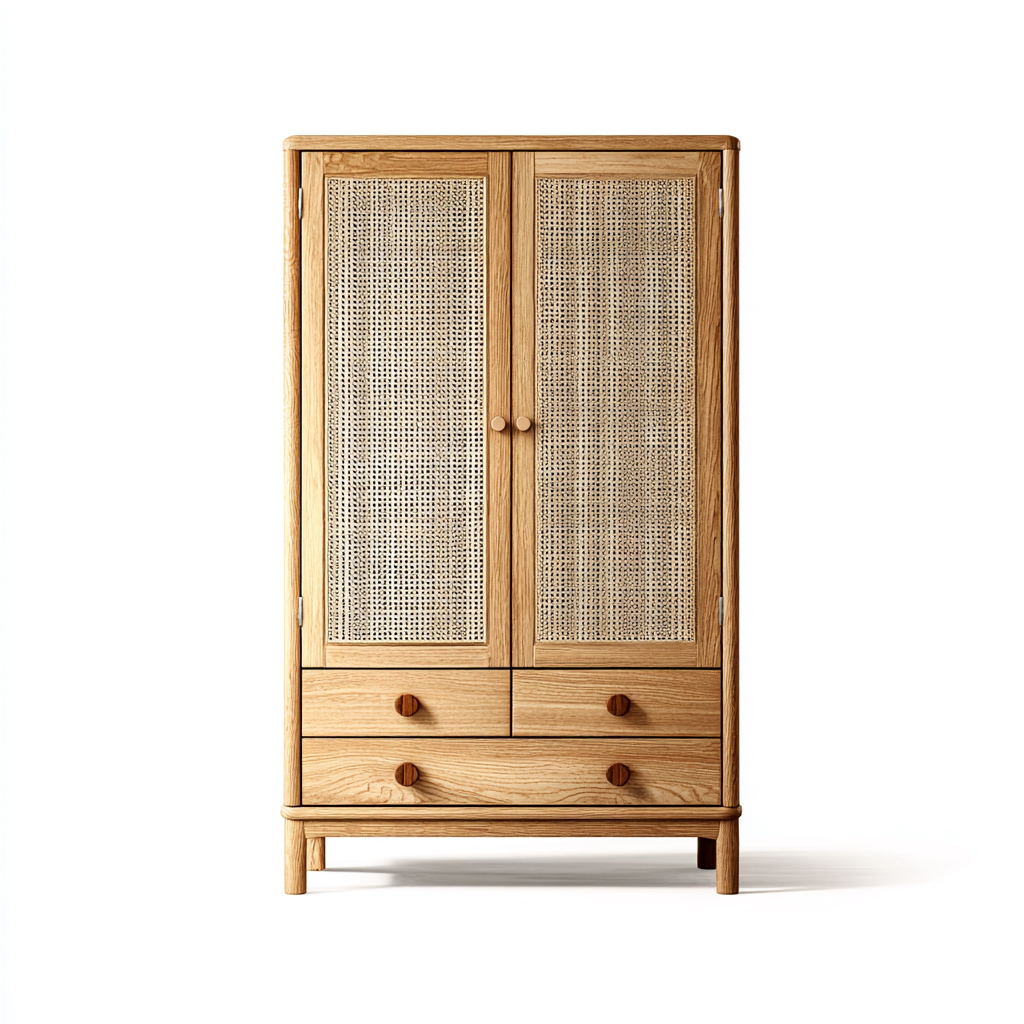 Kledingkast in massief hout en rotan 100x55x190 cm - naturel - met draaideuren en lades-Havenaro