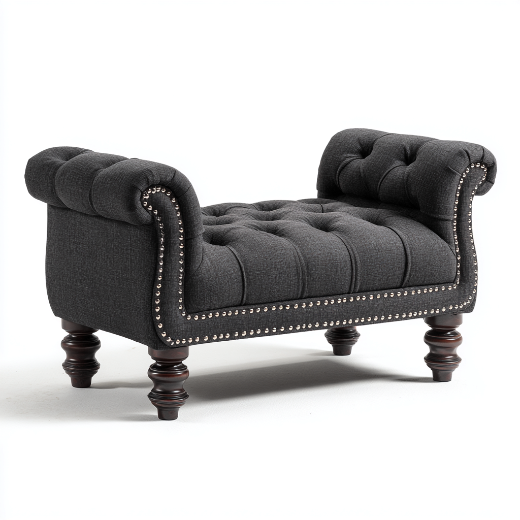 Slaapkamerbankje - Gestoffeerd met knoopdetail en houten poten - 110x45x60 cm - Donkergrijs - Klassiek ontwerp-Havenaro