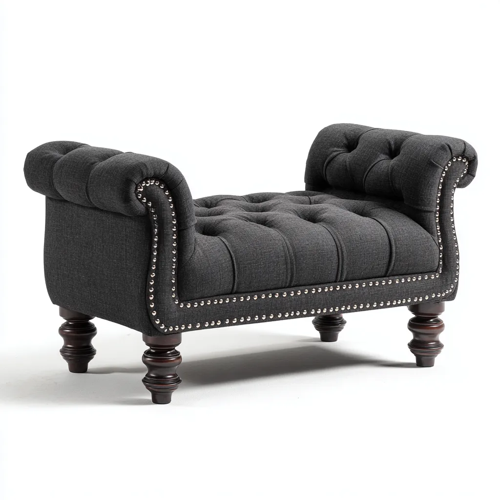 Slaapkamerbankje - Gestoffeerd met knoopdetail en houten poten - 110x45x60 cm - Donkergrijs - Klassiek ontwerp-Havenaro