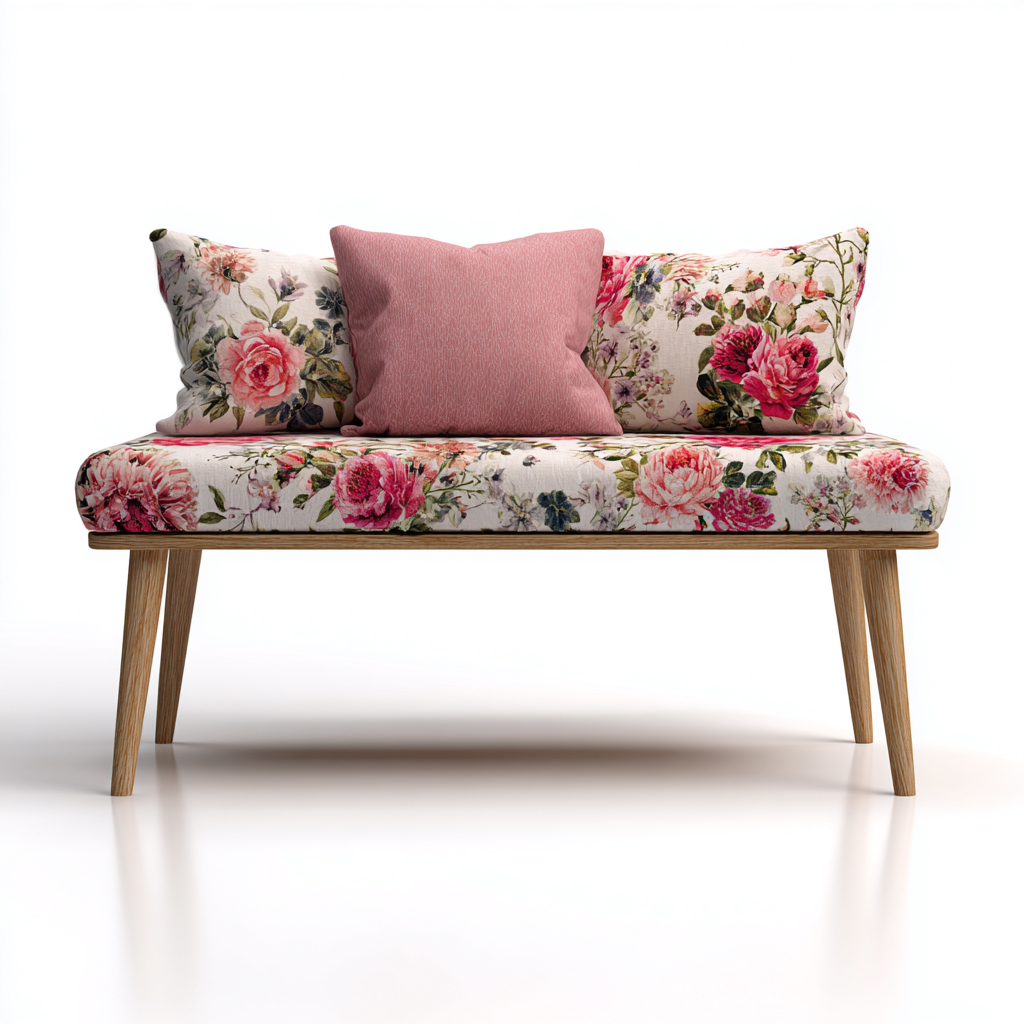 Slaapkamerbankje - Stoffen bekleding met bloemenpatroon en houten poten - 110x45x55 cm - Roze - Romantisch ontwerp-Havenaro