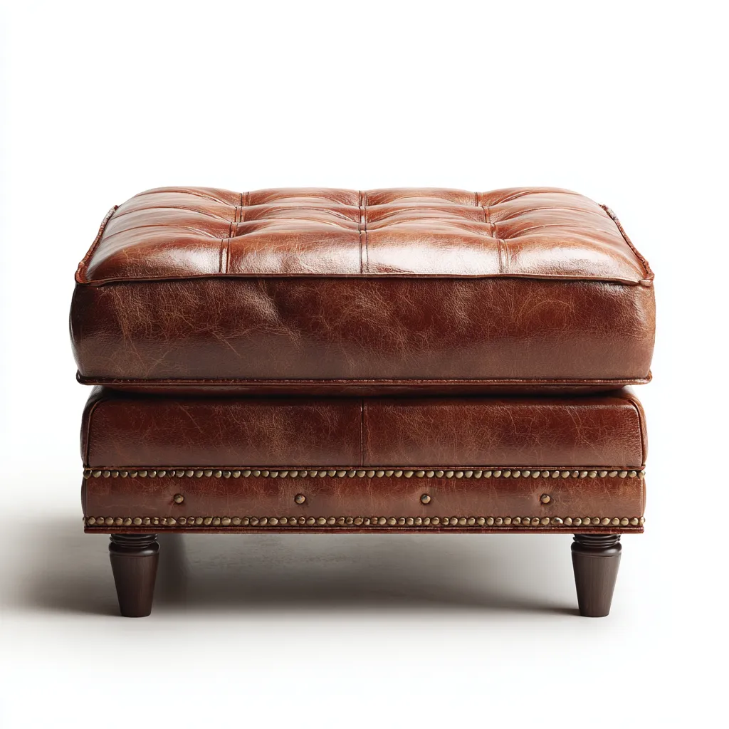 Poef leer en hout 70x55x45 cm - donkerbruin - klassiek capitonné design met siernagels-Havenaro