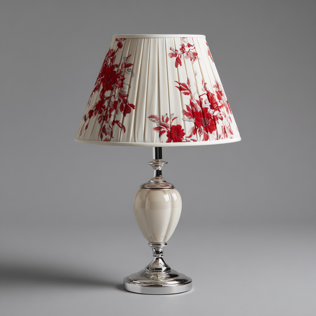 Tafellamp keramiek en stof - ivoor-rood - klassiek bloemenontwerp - 30x30x53 cm-Havenaro