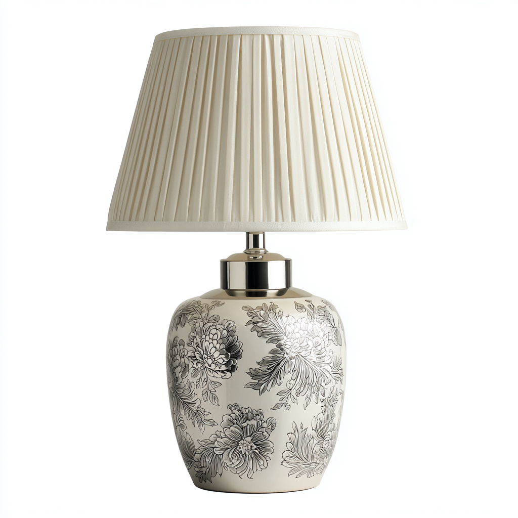 Tafellamp keramiek en stof - zilver-crème - klassiek bloemenontwerp - 34x34x58 cm-Havenaro