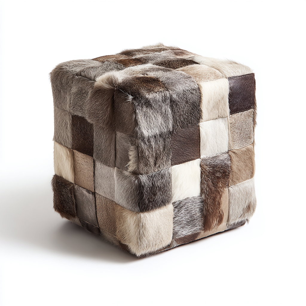 Poef rundleer 45x45x45 cm - grijs-beige-bruin - handgemaakt patchwork design met vacht-Havenaro