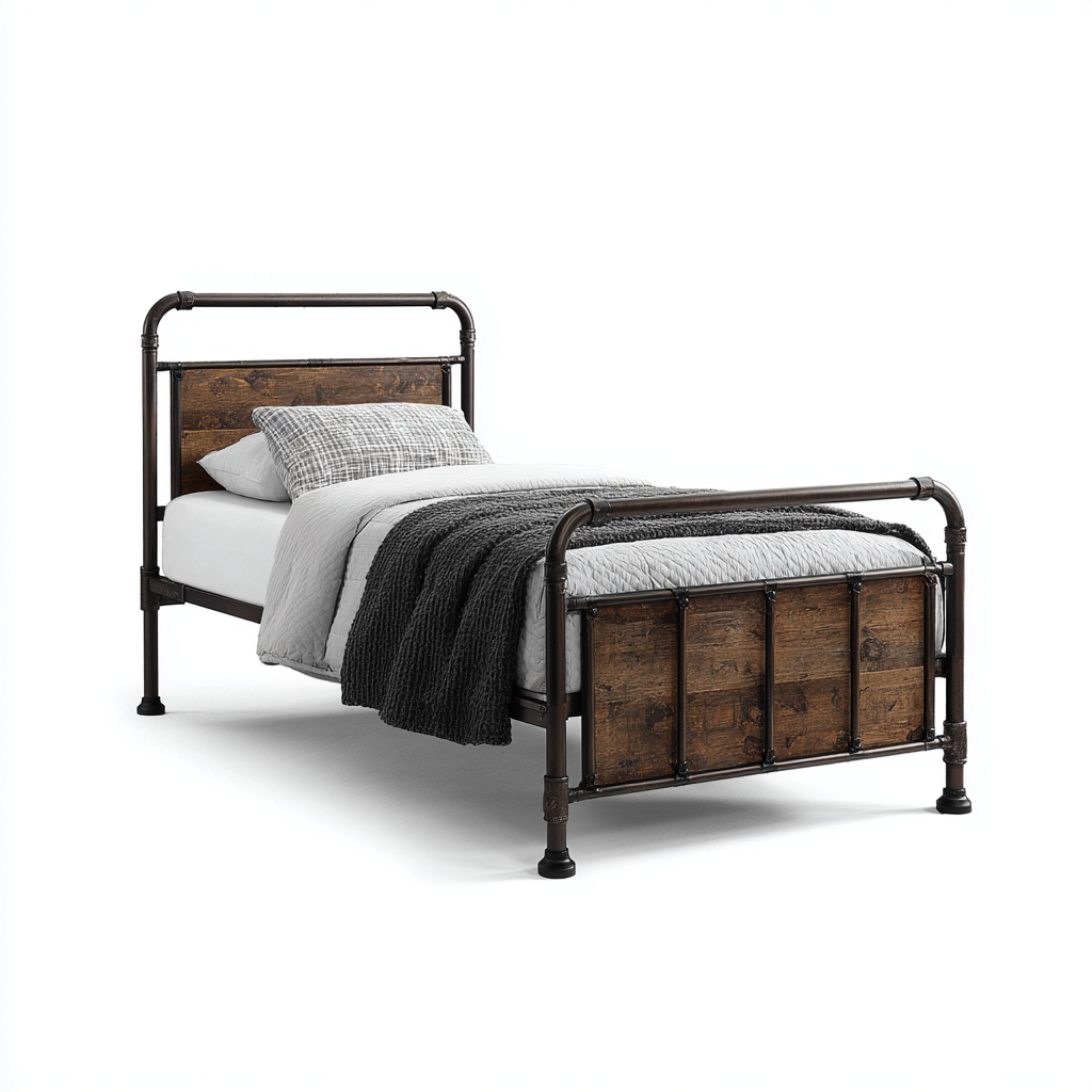 Eenpersoonsbed metaal en hout 200x90x100 cm - donkerbruin-zwart - industrieel ontwerp-Havenaro