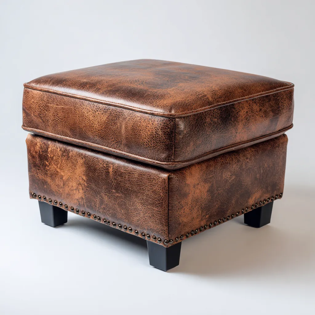 Poef leer en hout 60x60x45 cm - antiekbruin - vintage design met siernagels-Havenaro