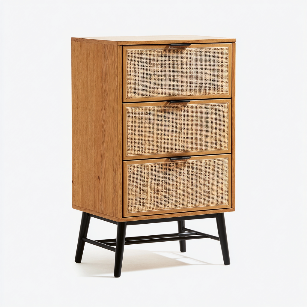 Ladekast voor de hal - hout, metaal en rotan - 60x40x100 cm - lichtbruin-zwart - Scandinavisch design-Havenaro