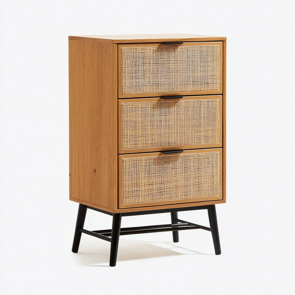 Ladekast voor de hal - hout, metaal en rotan - 60x40x100 cm - lichtbruin-zwart - Scandinavisch design-Havenaro