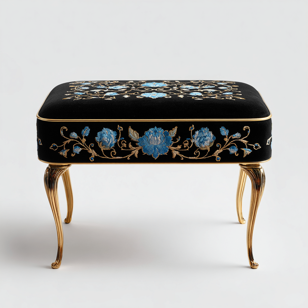Slaapkamerbankje fluweel zwart met blauwe borduursels 100x45x50 cm - Klassiek luxe ontwerp met gouden poten-Havenaro