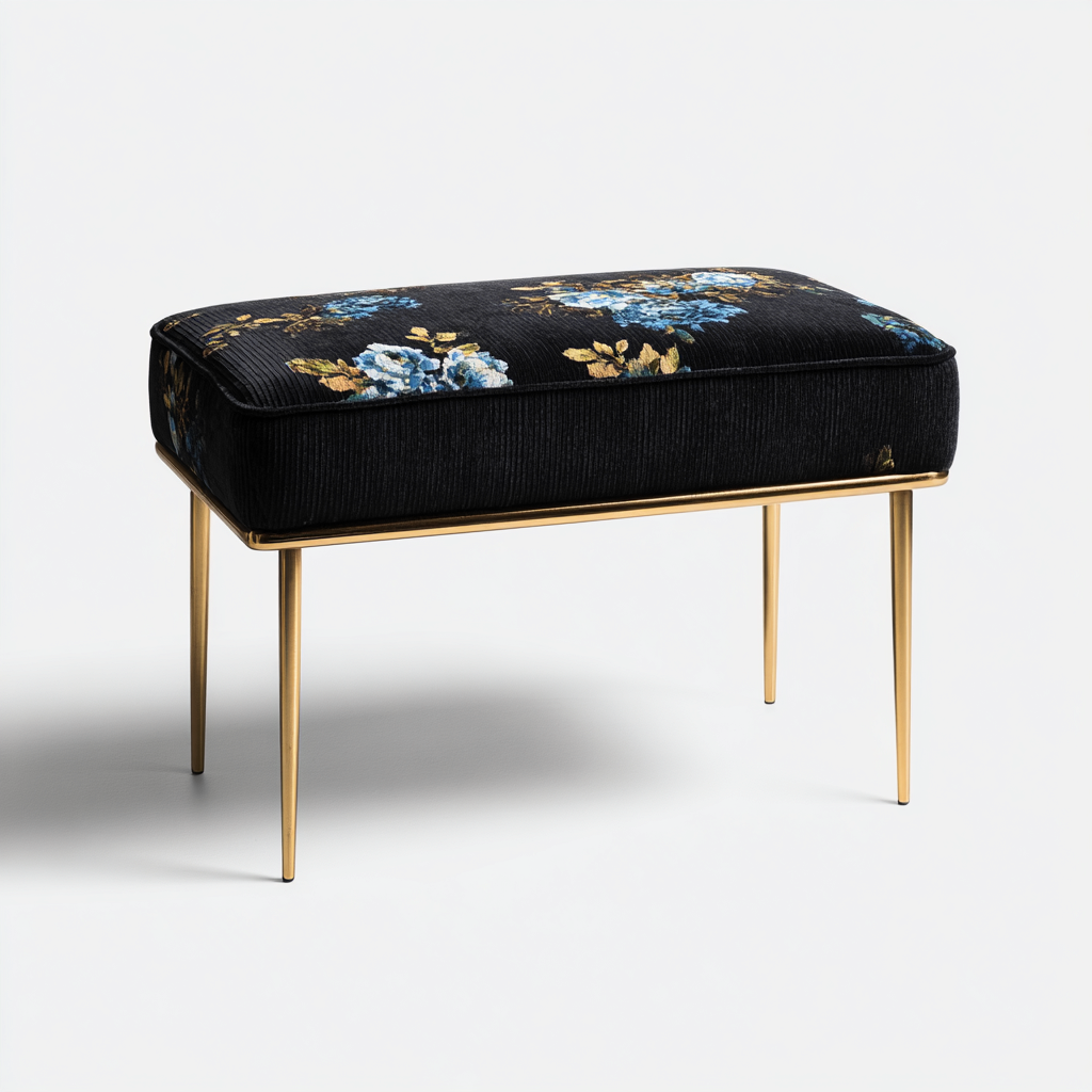 Slaapkamerbankje fluweel zwart met blauwe bloemmotieven 95x45x48 cm - Modern luxe ontwerp met gouden poten-Havenaro