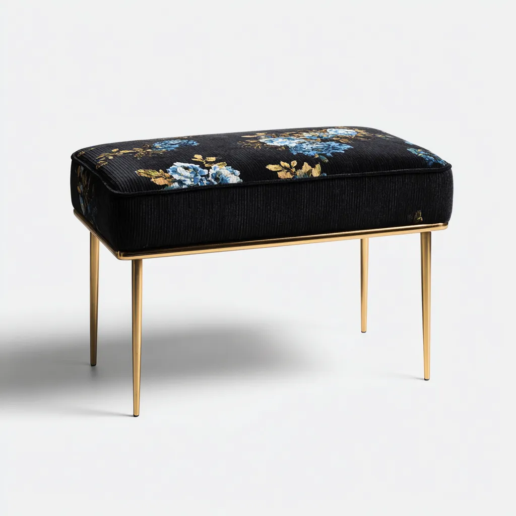 Slaapkamerbankje fluweel zwart met blauwe bloemmotieven 95x45x48 cm - Modern luxe ontwerp met gouden poten-Havenaro