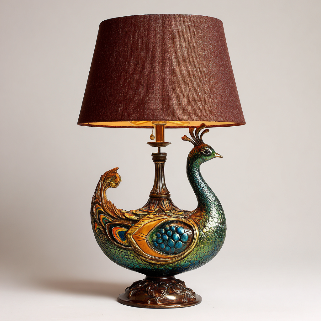 Tafellamp polyresin en stof - pauwdesign in brons en blauwgroen - 34x34x58 cm-Havenaro