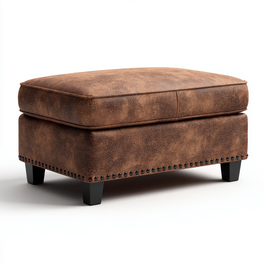 Poef kunstleer 60x45x45 cm - donkerbruin - met metalen nagelafwerking - vintage stijl-Havenaro